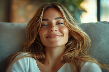 Obraz premium Content Woman Feeling Joy and Relaxation in Modern Apartment