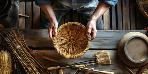 Obraz premium Artisan weaving a wicker basket by hand, with tools and materials neatly arranged on a rustic wooden table. Top view.