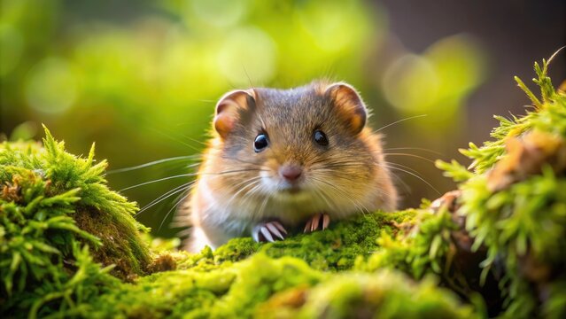 Adorable small lemming rodent with brown fur and bright beady eyes peeking out from behind a mound of soft green moss in a forest habitat.