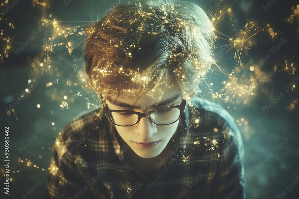 Poster a young boy with glasses surrounded by glowing abstract elements symbolizing curiosity knowledge and