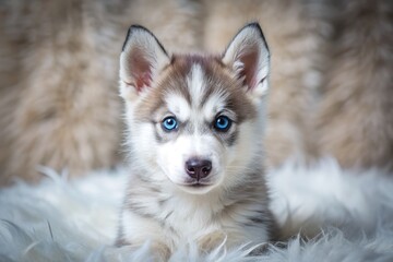 Naklejka premium Adorable two-month-old husky puppy with piercing blue eyes and fluffy gray and white fur gazes directly at the camera with an endearing expression.