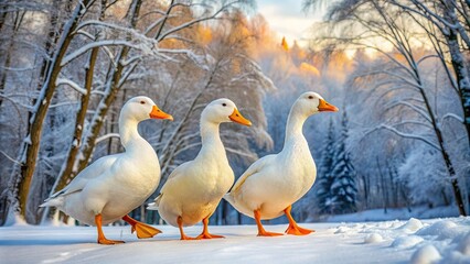 Adorable trio of white ducks waddle through a serene winter landscape, their bright orange beaks a pop of color against a backdrop of snow-covered trees.