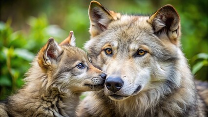 Obraz premium Adorable wolf cub snuggles up to mother's furry side, gazing upwards with big brown eyes in a heartwarming display of love and dependence in nature.