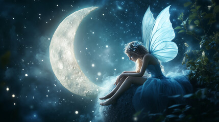Naklejka premium Sad fairy at the moonlight