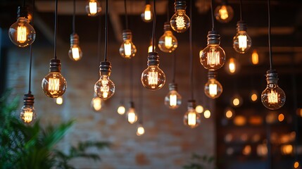 Many exposed filament light bulbs hanging from the ceiling, creating a warm and inviting atmosphere.
