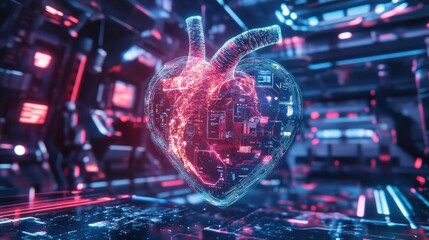 Fototapeta premium A futuristic heart made of circuits, symbolizing technology and life.