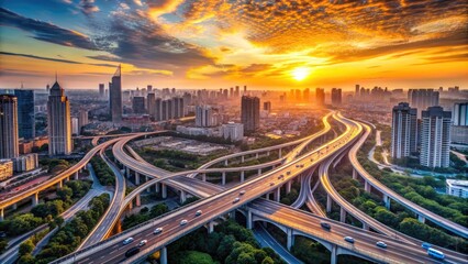 Aerial view of a bustling metropolis at sunset, with a network of roads and highways forming a intricate pattern of lines and shapes.
