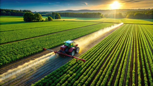 Aerial view of a farmer's tractor spraying soybean fields with fertilizer or pesticides on a sunny day in a rural agricultural landscape.