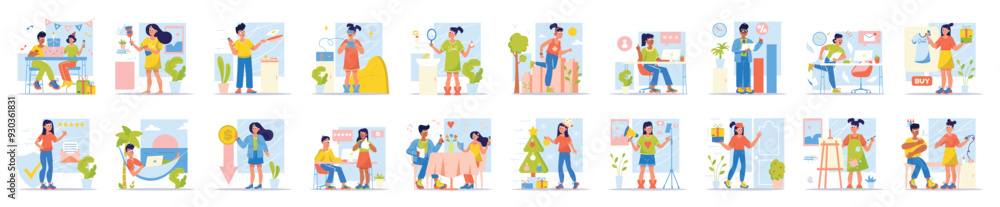 Poster bundle of simple concepts with people scene in flat cartoon design. each scene in this collection is