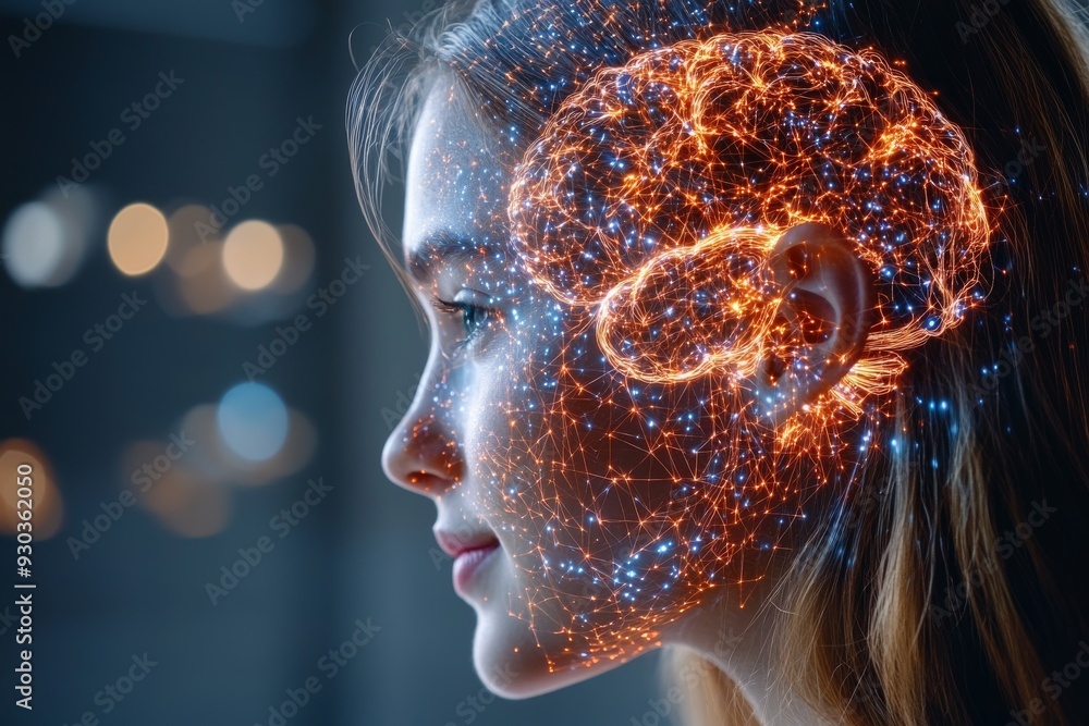 Poster profile of a young woman with a glowing brain symbolizing the dynamic energy of thought and the comp