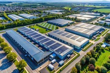 Aerial view of a modern technology park with industrial warehouses featuring solar panels on rooftops, showcasing a sustainable and eco-friendly approach to manufacturing.