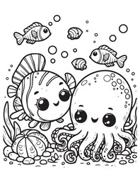 Fototapeta premium Cute fish and octopus swim coloring page design for kid