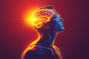 Obraz premium Profile of a man with a glowing brain overlay symbolizing the power of intellectual thought and the bright potential of human cognition in a futuristic digital environment