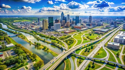 Fototapeta premium Aerial view of Columbus, Ohio, with a road map overlay, showcasing the city's grid pattern, highways, and scenic Scioto River winding through the urban landscape.