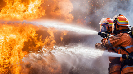 Firefighters battling a blaze with water hoses in a smoky scene. 