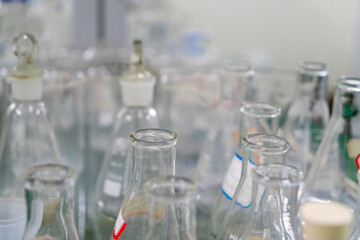 In the chemistry lab, scientists are doing chemical experiments with test tubes