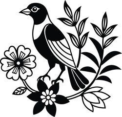 a black and white drawing of a bird with flowers and a bird.