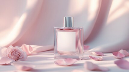 A frosted glass perfume bottle with a smooth white empty label is elegantly placed on a soft velvet surface, exuding a sense of softness and luxury. The bottle is topped with a brushed silver cap