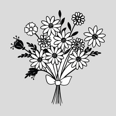 a black and white drawing of flowers with a ribbon on it