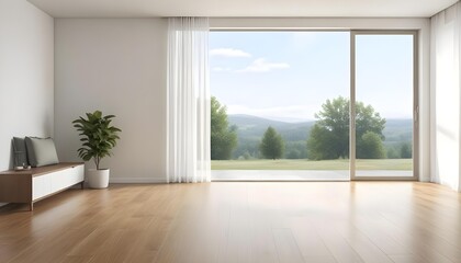 Fototapeta premium Empty room with large window overlooking a green outdoor landscape.