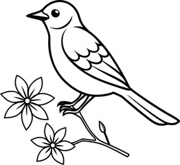 a black and white drawing of a bird with flowers and a bird.