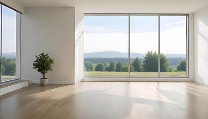 Fototapeta premium Empty room with large window overlooking a green outdoor landscape.