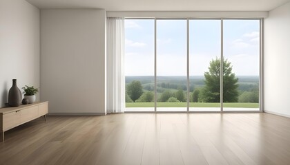 Empty room with large window overlooking a green outdoor landscape.