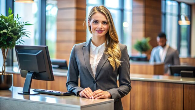 A focused young woman, dressed in business attire, stands confidently behind a bank counter, processing a transaction with a friendly and professional demeanor.