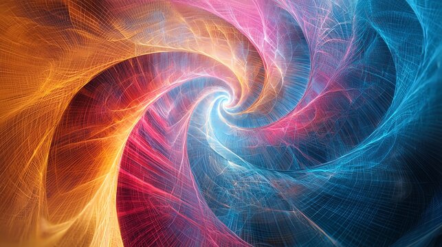 Abstract colorful glowing waves with digital grid pattern.