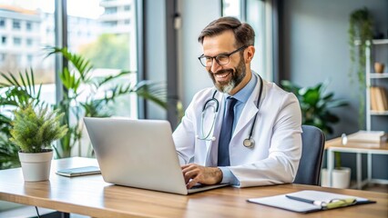 Obraz premium A friendly healthcare professional sitting in a modern office, wearing a stethoscope, smiling, and facing a laptop screen for a virtual medical consultation.
