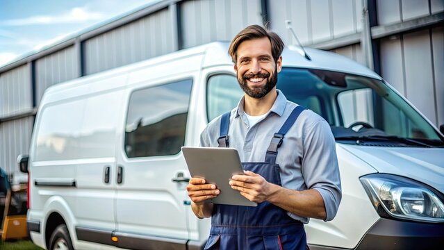 A friendly male service technician in uniform holds a tablet and smiles while standing in front of a white van with tools and equipment.