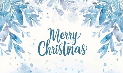 Obraz premium Merry Christmas lettering quote with watercolor blue floral frame, abstract splashes on white background. New Year typography design. Christmas frame for greeting card, banner, poster. 