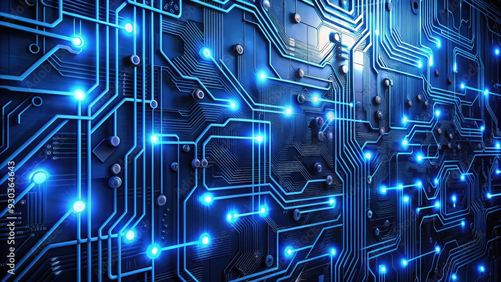 Aufkleber a futuristic blue-lit circuit board wall with glowing wires and microchips, creating a mesmerizing d