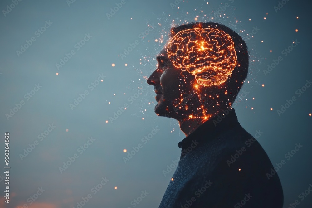Poster profile of a man with a glowing brain symbolizing the intersection of human cognition and advanced t