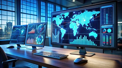 Naklejka premium A futuristic computer screen displaying a robust cybersecurity dashboard with graphs, charts, and alerts, protecting devices from malware and virus threats.