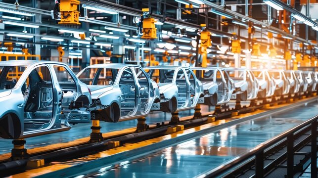 Image of a car assembly line with robotic arms dedicated to the production of state-of-the-art electric vehicles.