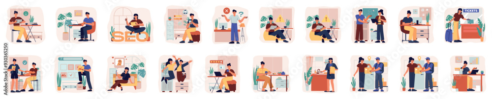 Poster bundle of color concepts with people scene in flat cartoon design. a large selection of colorful ima