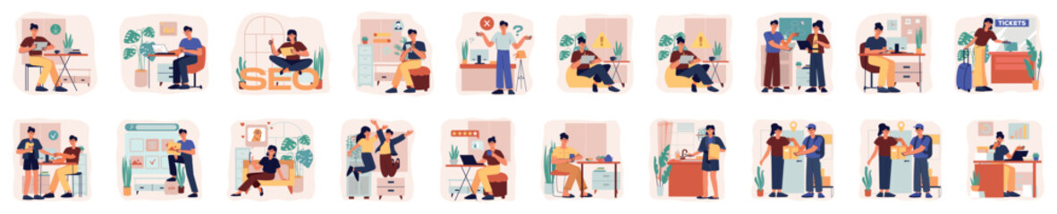 Bundle of color concepts with people scene in flat cartoon design. A large selection of colorful images showing men and women on a beige background. Vector illustration.