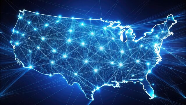 A futuristic illustration of the United States map with glowing blue lines and nodes, representing a strong and pervasive network connection across the country.