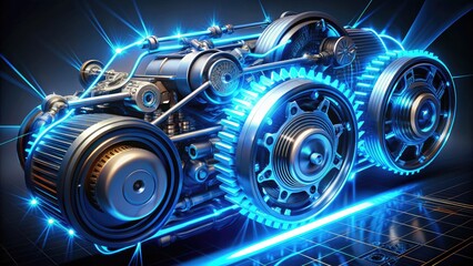 A futuristic motor illustration with glowing blue circuits, metallic gears, and sleek lines, symbolizing speed, technology, and innovation.