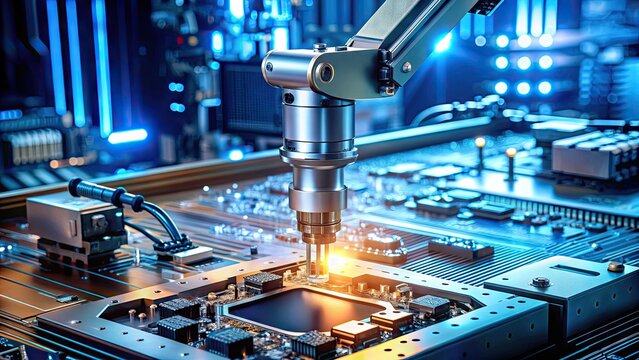 A futuristic robot arm assembles electronic components on a circuit board, symbolizing automation and technological advancement in manufacturing and innovation processes.