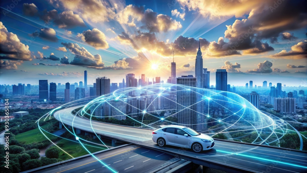 Poster a futuristic self-driving car navigates through a cityscape surrounded by swirling clouds of data st