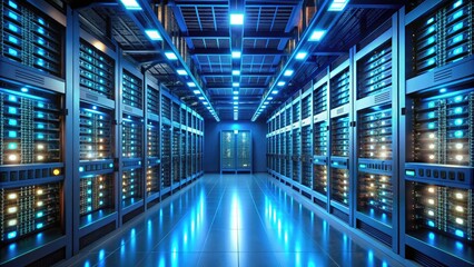 A futuristic server room filled with rows of humming routers, switches, and data storage units, illuminated by soft blue lights, representing modern networking infrastructure.
