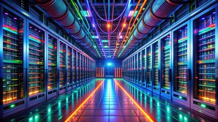 Obraz premium A futuristic server room with rows of humming machines, colorful wires, and glowing screens, representing a successful web deployment and online infrastructure.