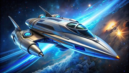 A futuristic silver spaceship with metallic finish and glowing blue engines soars through starry galaxy, featuring a bold, dynamic company logo emblazoned on its side.