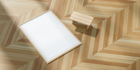 Mock up poster frame in Scandinavian style interior. Mock up poster frame on wooden floor. 3D illustration