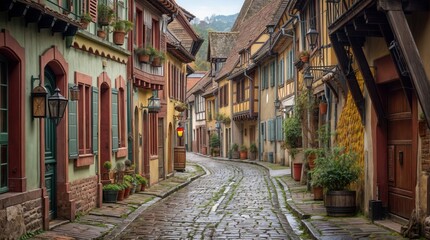 Fototapeta premium Flowery streets on a rainy spring day in a small magical village