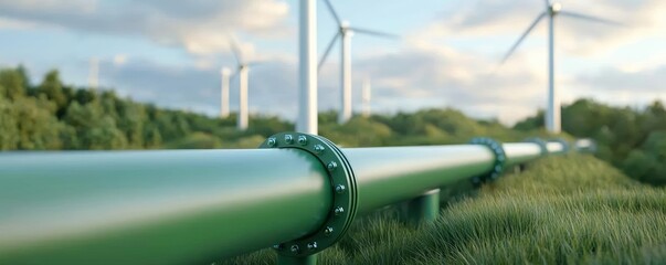 Futuristic eco-industrial scene with green pipelines and wind turbines, lush landscape with clean energy focus, hyper-realistic and detailed