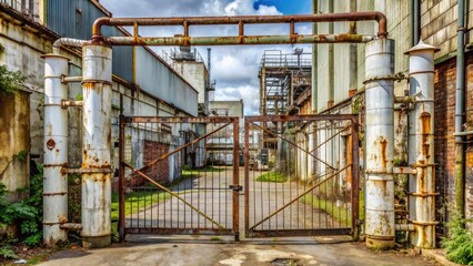 Aged metal gate with white peeling paint stands securely in a worn dirt path, surrounded by industrial machinery and pipes in a rustic setting.