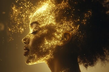 Profile of a woman with glowing particles surrounding her face symbolizing the radiant energy of creativity and the ethereal beauty of human thought in a conceptual futuristic environment